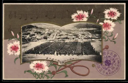 Künstler-AK Margaret Tempest: Menschenmenge in buch-förmigem Passepartout mit Blüten