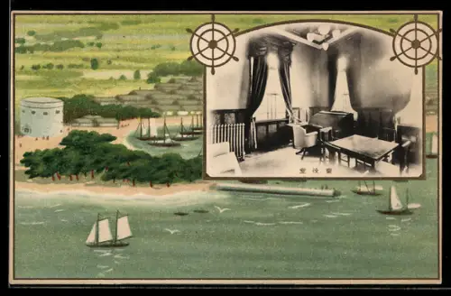 Künstler-AK Margaret Tempest: Küstenansicht mit Segelbooten, Innenansicht eines Raumes