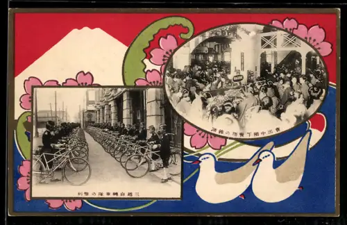 Künstler-AK Margaret Tempest: Zwei Vögel auf dem Wasser mit Blüten und Berg im Hintergrund, Japaner mit Fahrrädern