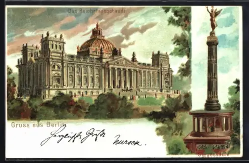 Lithographie Berlin, Reichstagsgebäude und Siegessäule