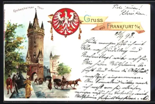 Lithographie Frankfurt a. M., Eschenheimer Thor, Stadtwappen