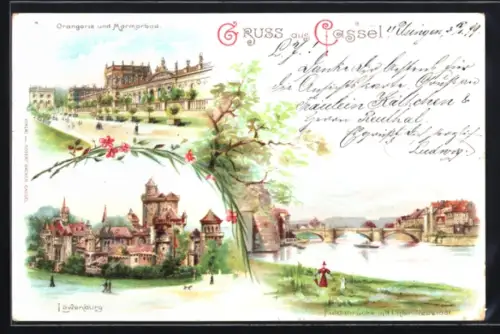 Lithographie Cassel, Orangerie und Marmorbad, Löwenburg, Fulda-Brücke