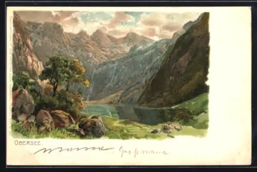 Lithographie Berchtesgaden, Obersee, See und Alpenpanorama