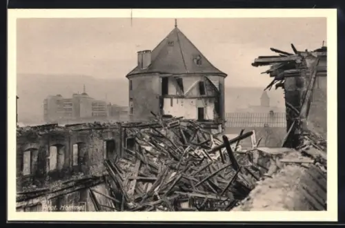 AK Stuttgart, Brand des Alten Schlosses, Inneres des ausgebrannten Schlosses gegen Südturm