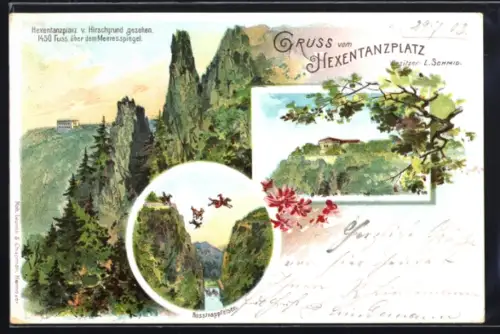 Lithographie Hexentanzplatz, Hexentanzplatz v. Hirschgrund gesehen, Rosstrappfelsen