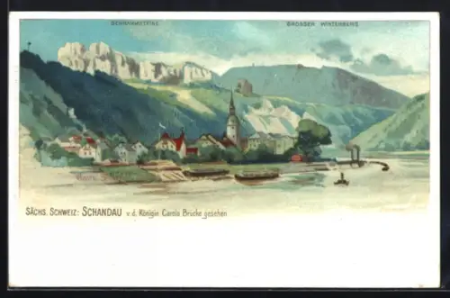 Lithographie Schandau /Sächsische Schweiz, Ansicht von der Königin Carola Brücke