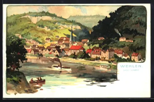 Lithographie Wehlen /Sächsische Schweiz, Ortsansicht mit Kirche