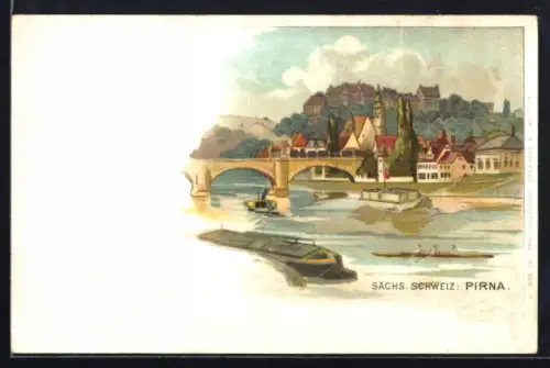Lithographie Pirna /Sächs. Schweiz, Flusspartie mit Booten