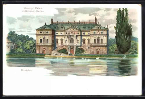 Lithographie Dresden, Koenigl. Palais im Grossen Garten