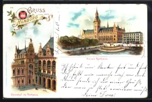 Lithographie Hamburg, Neues Rathaus, Ehrenhof im Rathaus