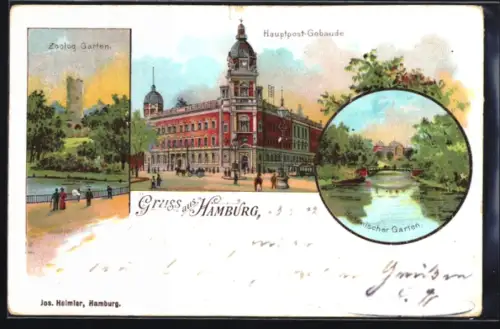 Lithographie Hamburg, Hauptpost-Gebäude, Zoolog. Garten, Botanischer Garten