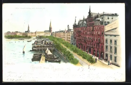 Lithographie Hamburg, Alsterdamm, Hotel Hamburger Hof