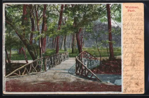 Seiden-Imitations-AK Weimar, Naturbrücke im Park