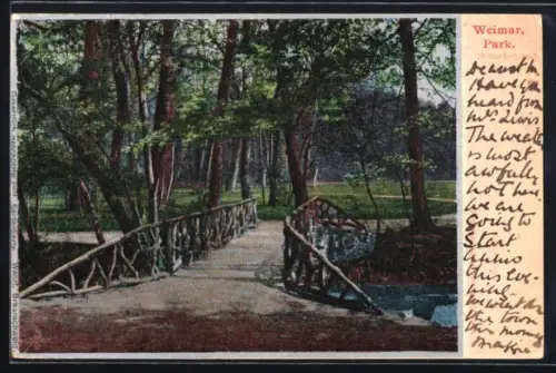 Seiden-Imitations-AK Weimar, Park mit Naturbrücke