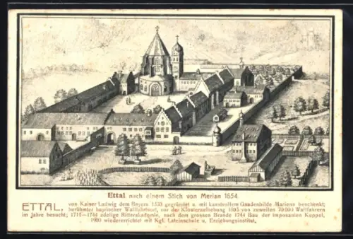 AK Ettal, Ortsansicht im Jahre 1654 nach Merian