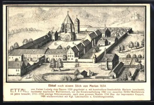 AK Ettal, Ortsansicht nach Merian im Jahre 1654