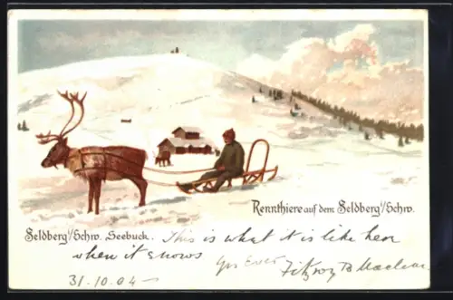 Lithographie Feldberg i. Schw., Renntier vor einem Schlittengespann