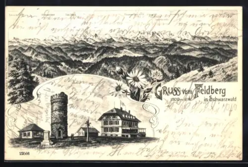 Lithographie Feldberg im Schwarzwald, Feldbergturm mit Gasthaus