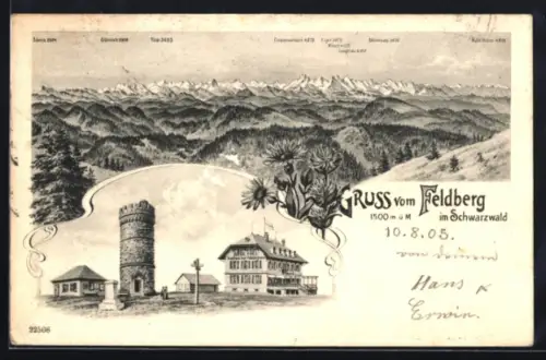Lithographie Feldberg im Schwarzwald, Gasthaus und Aussichtsturm, Bergpanorama