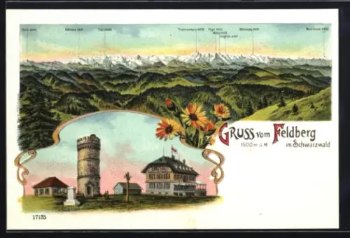 Lithographie Feldberg im Schwarzwald, Gasthaus am Feldbergturm, Bergpanorama mit Blumen