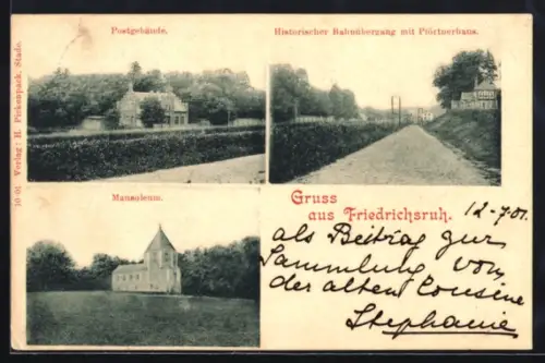 AK Friedrichsruh, Postgebäude, historischer Bahnübergang mit Pförtnerhaus, Mausoleum