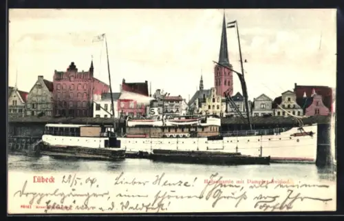 Lithographie Lübeck, Hafenpartie mit Dampfer Svitlod