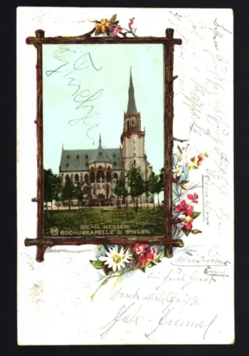 AK Bingen, Rochuskapelle im Blumen-Passepartout