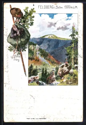 Künstler-AK Feldberg i. Schw., Landschaftsansicht, Wanderstock mit Rucksack und Hut