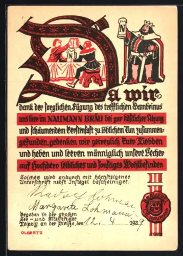 AK Leipzig, Gasthaus Naumann Bräu, Neumarkt, Biertrinkspruch und Illustration