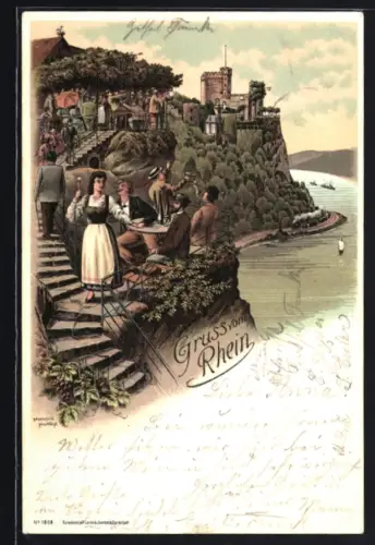 Lithographie Rheinstein, Gasthaus Schweizerhaus bei Burg Rheinstein