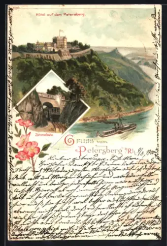 Lithographie Petersberg a. Rh., Hotel auf dem Petersberg, Zahnradbahn