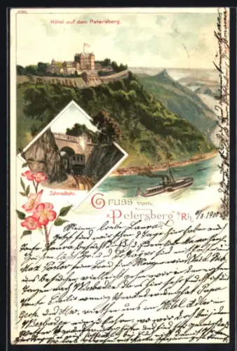 Lithographie Petersberg /Rh., Hotel auf dem Petersberg, Zahnradbahn, Rheinansicht