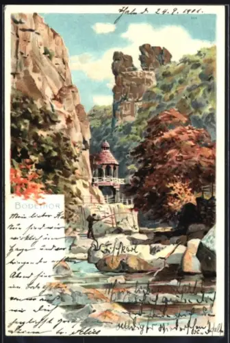 Lithographie Bodethor, Pavillon und Felsformationen