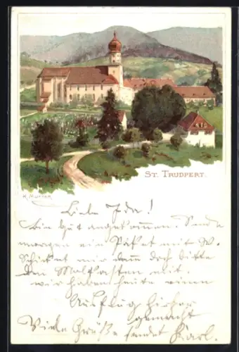 Lithographie St. Trudpert, Klosteranlage und Umgebung