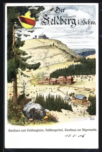 Künstler-AK Feldberg i. Schw., Gasthaus zum Feldbergturm, Feldbergerhof, Gasthaus zur Jägermatte