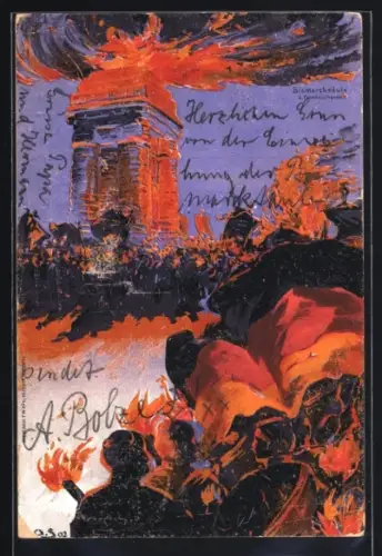 Künstler-AK Friedrichsruh, Bismarcksäule, Festzug mit Fackeln und Menschenmenge