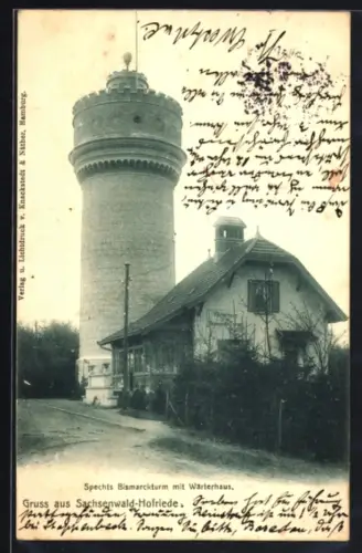 AK Sachsenwald-Hofriede, Spechts Bismarckturm mit Wärterhaus