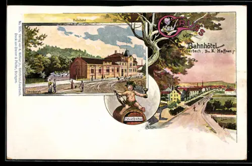 Lithographie Feuerbach, Bahnhof-Hotel