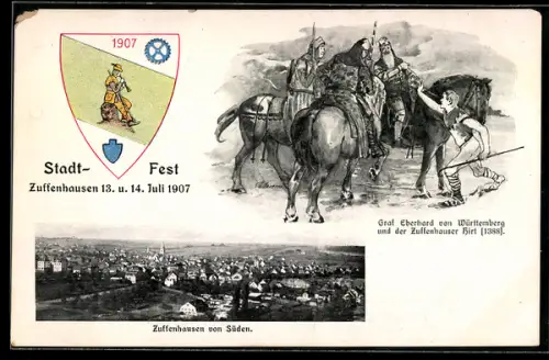 AK Zuffenhausen, Stadtfest im Juli 1907, Bildnis von Graf Eberhard von Württemberg mit Zuffenhauser Hirt