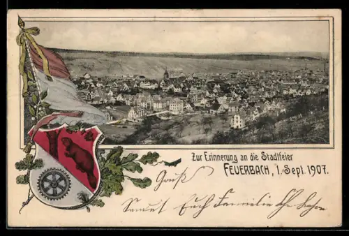 AK Feuerbach, Stadtfeier im September 1907, Totalansicht des Ortes mit Wappen