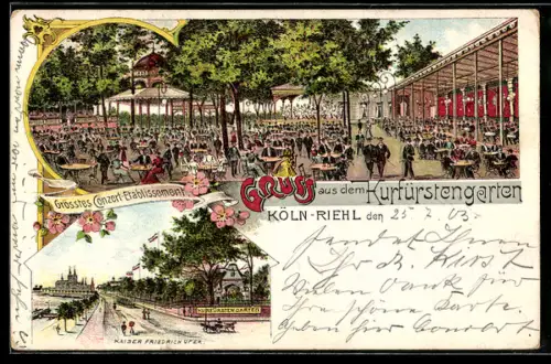 Lithographie Köln-Riehl, Gasthaus Kurfürstengarten am Kaiser Friedrich Ufer