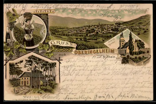 Lithographie Oberingelheim a. Rhein, Totalansicht, Evangelische Kirche und Gasthof Wald-Eck, Frau in Tracht