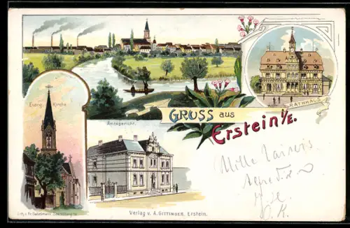 Lithographie Erstein i. E., Totalansicht mit Fluss, Rathaus, Evangelische Kirche und Amtsgericht