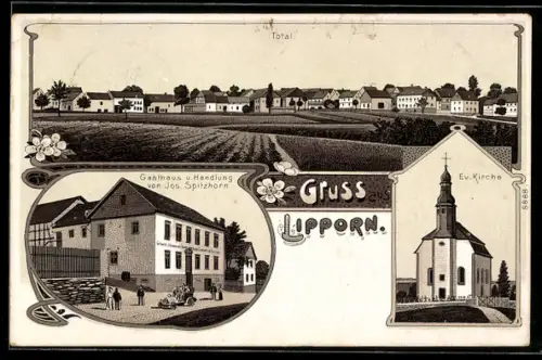 Lithographie Lipporn, Totalansicht, Evangelische Kirche und Gasthaus von Jos. Spitzhorn