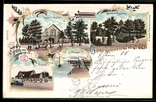 Lithographie Oberhammelwerden, Köster`s Gasthof, Garten mit Kegelbahn, Partie am Bahnhof und Anleger