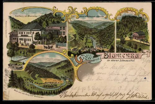 Lithographie Blumenau, Gasthaus zur Blumenau, Zirkel, Ansicht von der Burg gesehen