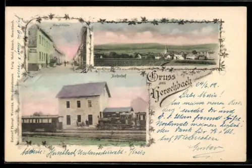 AK Herschbach / Westerwald, Hauptstrasse mit Hotel Bausch, Bahnhof mit haltendem Zug