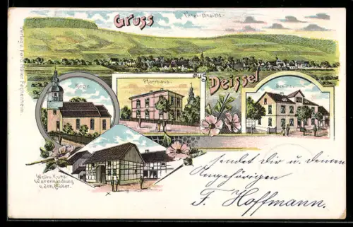 Lithographie Deisel, Totalansicht, Kirche, Pfarrhaus und Geschäft von Joh. Müller