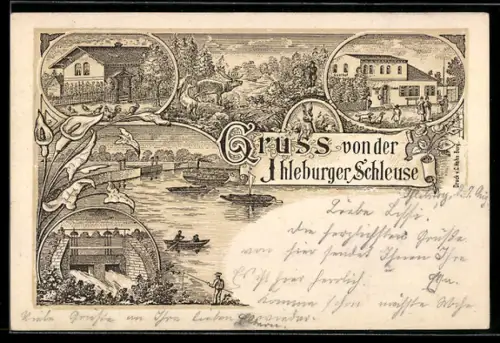 Lithographie Güsen, Verschiedene Partien an der Ihleburger Schleuse, mit Gasthaus und Villa