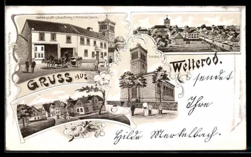 Lithographie Welterod, Gastwirtschaft und Handlung von Heinrich Kern, Kirche, Ortspartie